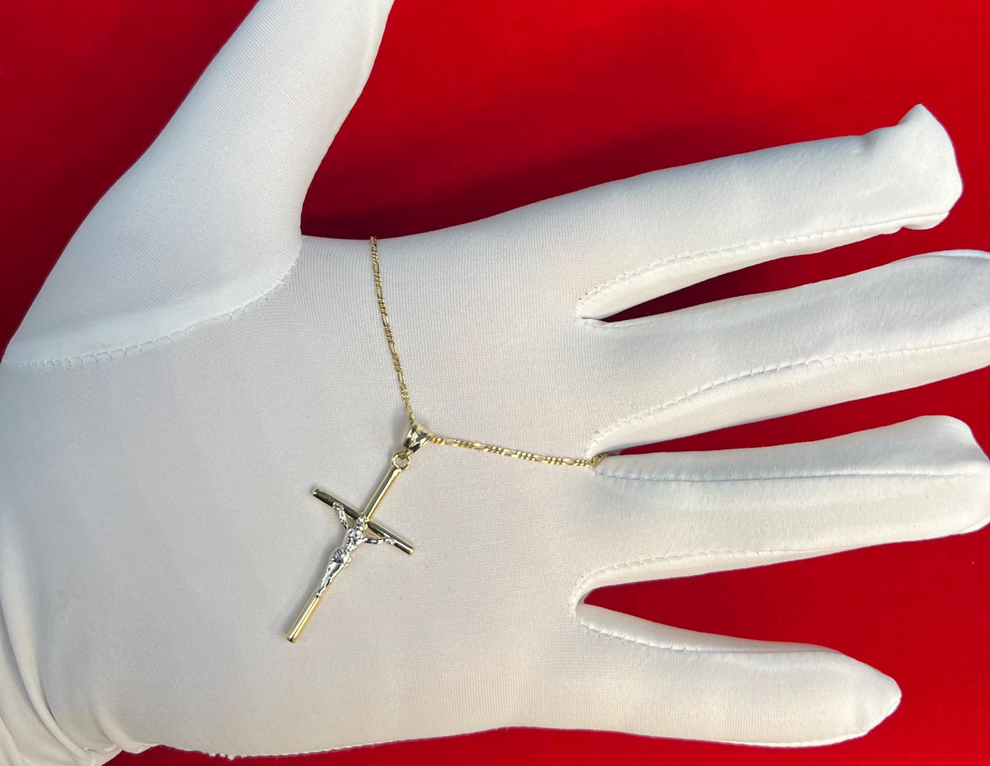 10k Real Gold Jesus Crucifix Pendants Necklace, 10k Real Gold Two Tone Cross with 10k Solid Gold 1.3mm Figaro Chain, Cross, 10k Gold Cross