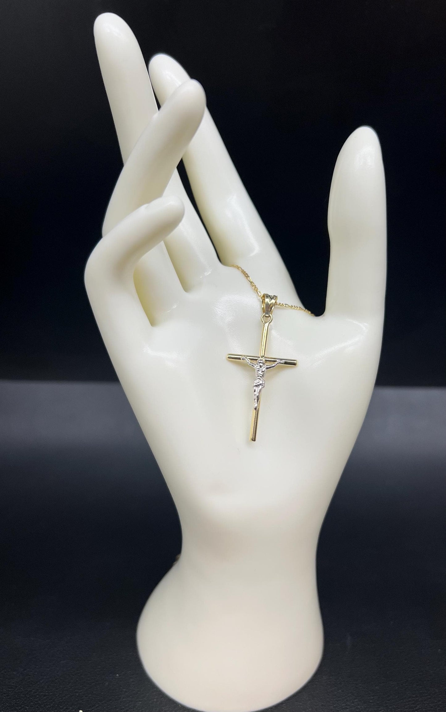 10k Real Gold Jesus Crucifix Pendants Necklace, 10k Real Gold Two Tone Cross with 10k Solid Gold 1.3mm Figaro Chain, Cross, 10k Gold Cross
