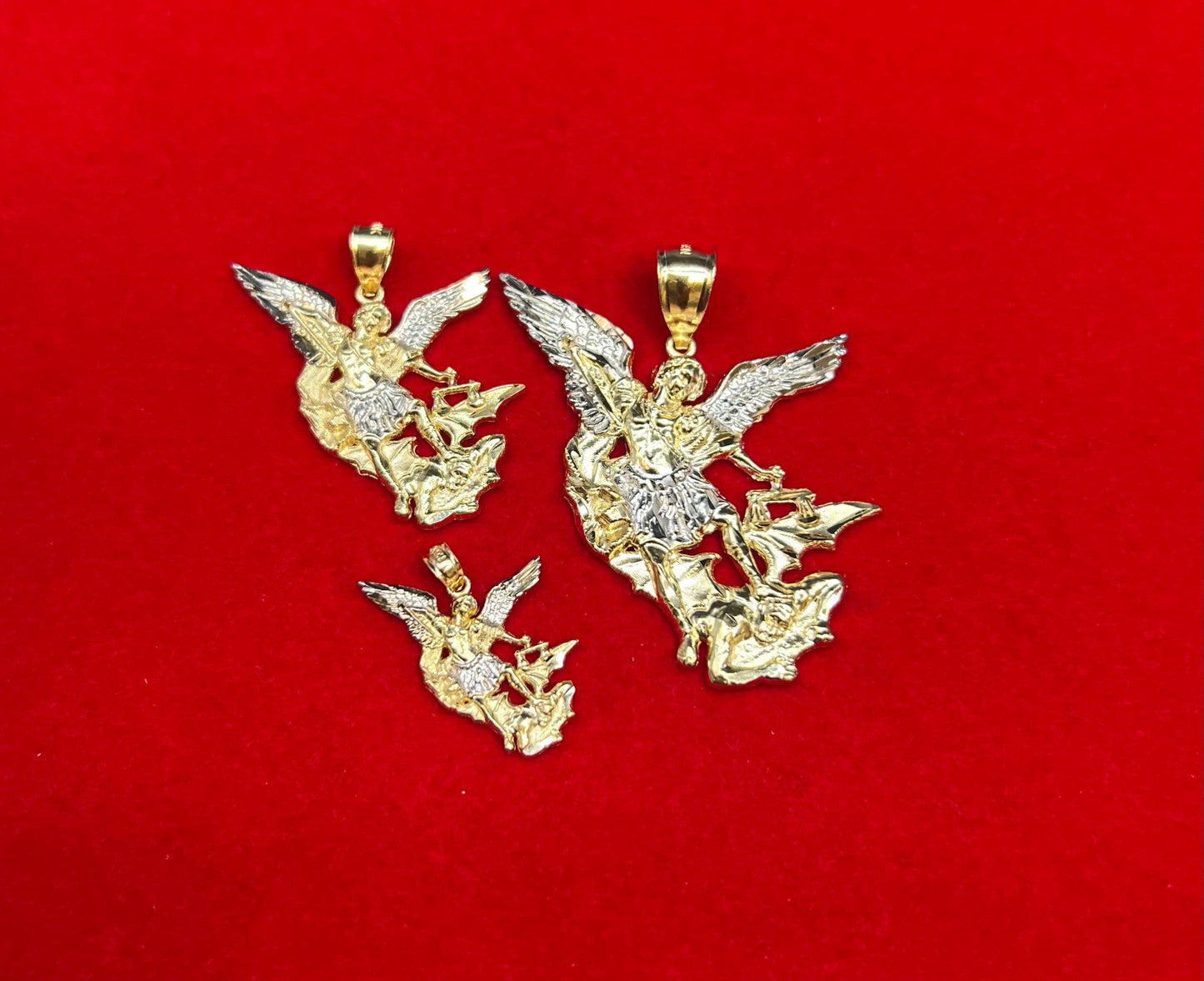 10k Real Solid Gold Saint Michael Charm, 10k Solid Gold Two Tone St. Michael Pendant, Real Gold St. Michael Archangel and the Devil Pendant