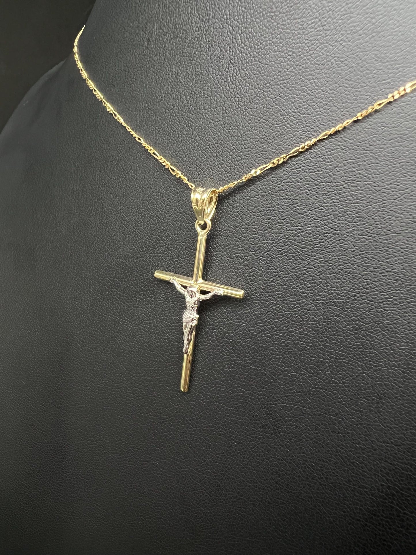 10k Real Gold Jesus Crucifix Pendants Necklace, 10k Real Gold Two Tone Cross with 10k Solid Gold 1.3mm Figaro Chain, Cross, 10k Gold Cross