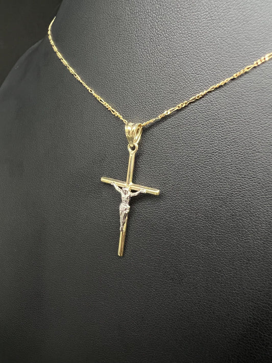 10k Real Gold Jesus Crucifix Pendants Necklace, 10k Real Gold Two Tone Cross with 10k Solid Gold 1.3mm Figaro Chain, Cross, 10k Gold Cross