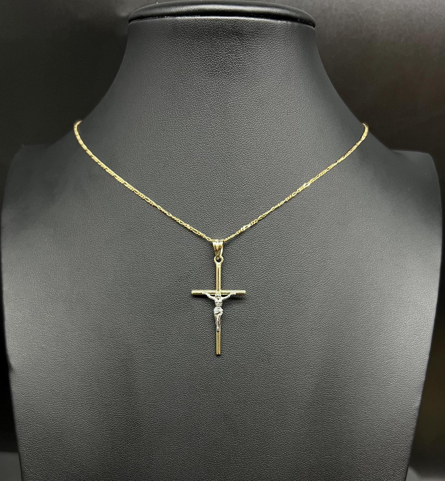 10k Real Gold Jesus Crucifix Pendants Necklace, 10k Real Gold Two Tone Cross with 10k Solid Gold 1.3mm Figaro Chain, Cross, 10k Gold Cross
