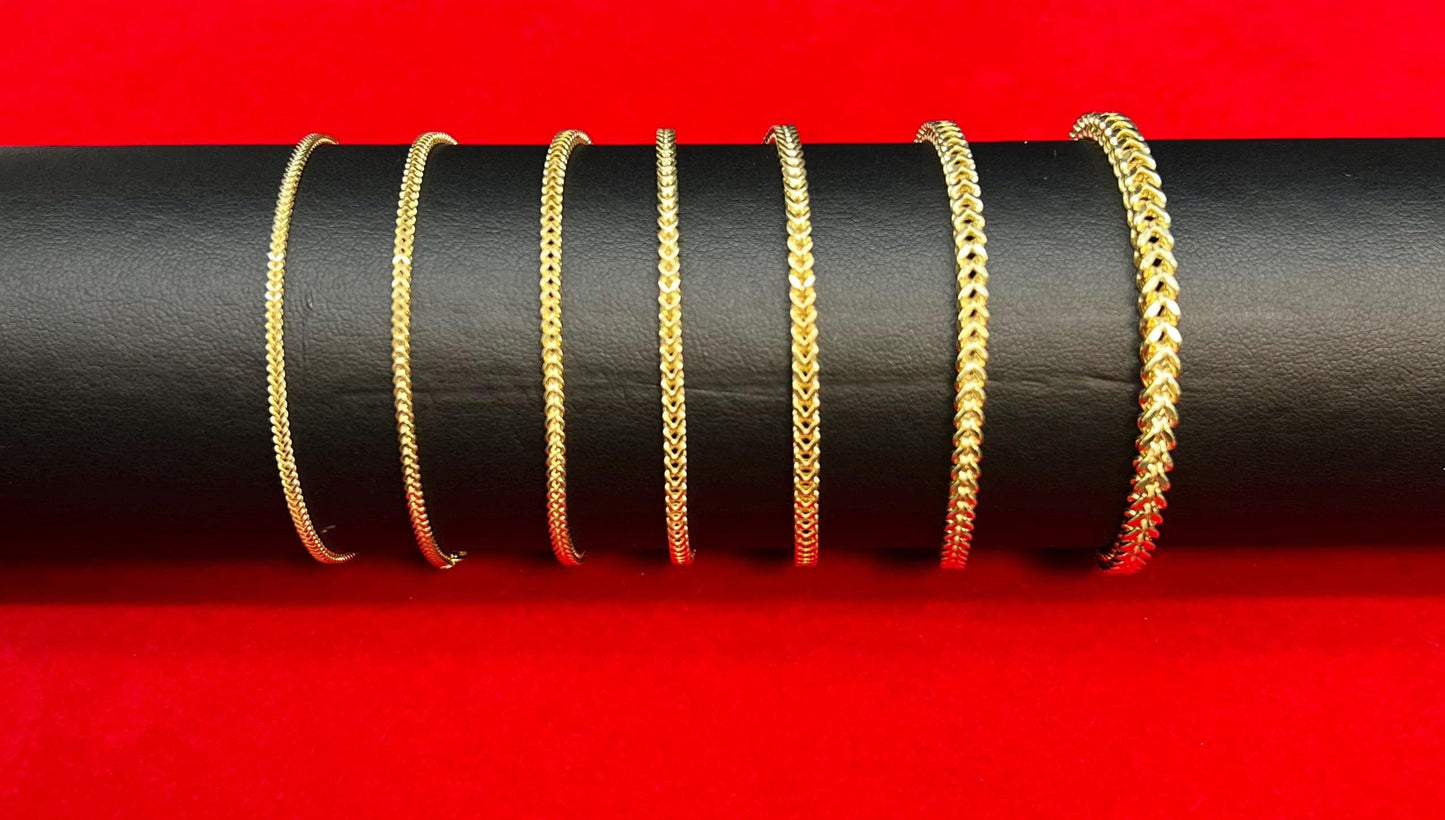 10K Real Gold Franco Chain Bracelets, 1.6mm - 4mm Real 10K Yellow Gold Franco Chain Bracelet, 10k Gold Franco Chain