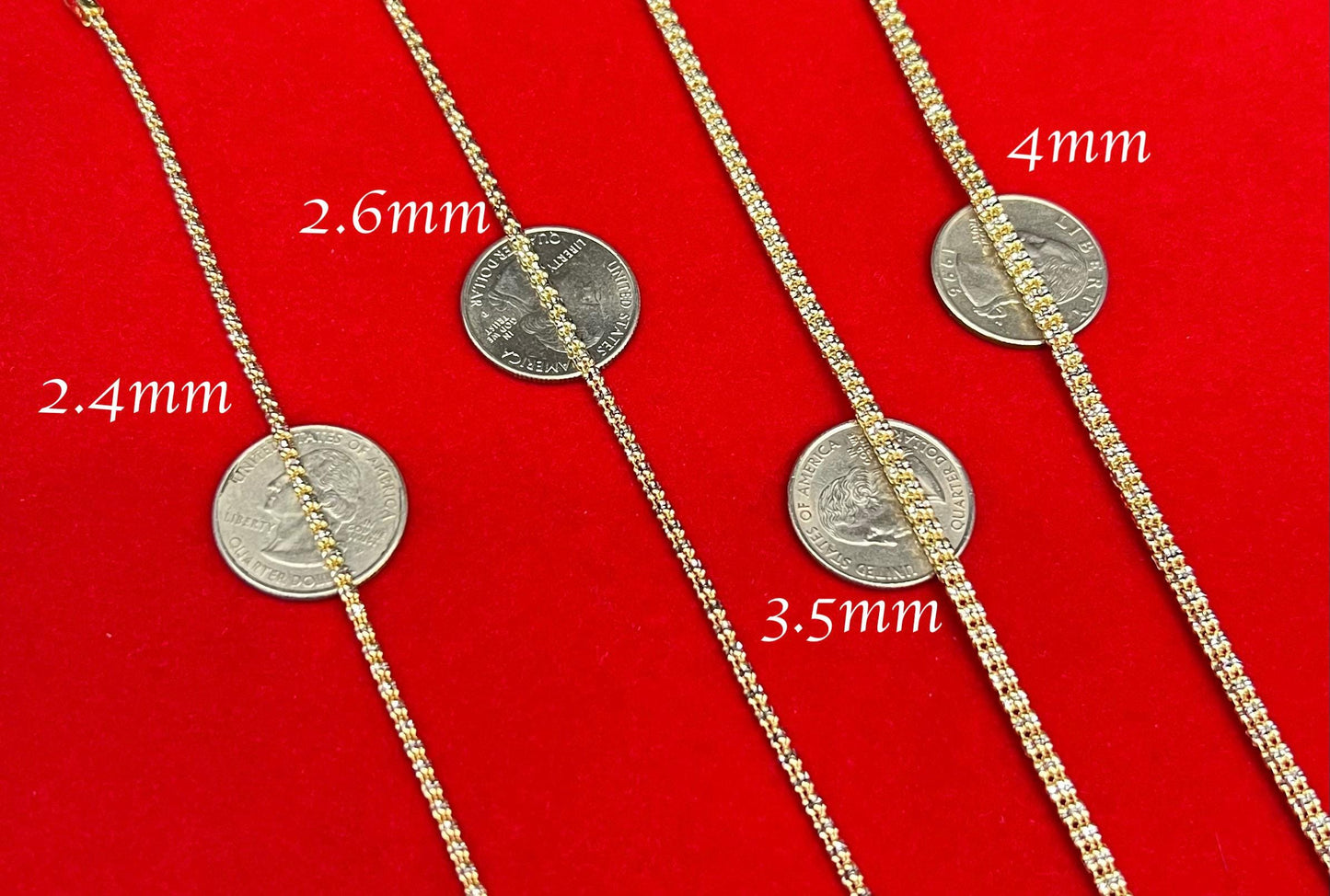 14k Real Gold Diamond Cut Ice Link Chain Bracelet, Two Tone Chain 2.5mm Yellow and White Gold Chain, 14k Real Gold Cylinder Chain