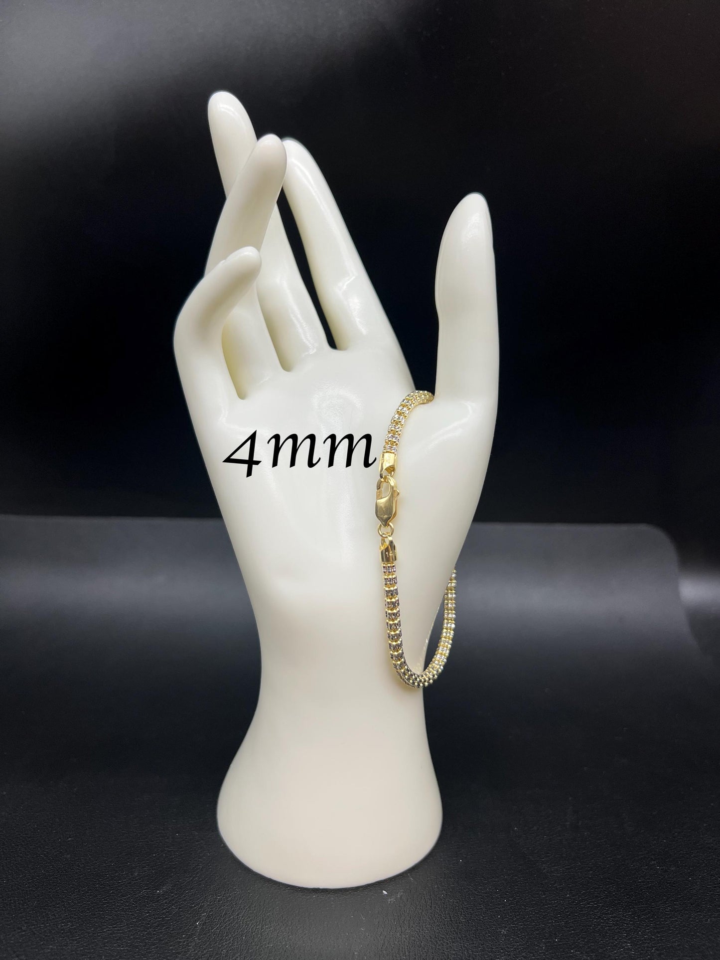 14k Real Gold Diamond Cut Ice Link Chain Bracelet, Two Tone Chain 2.5mm Yellow and White Gold Chain, 14k Real Gold Cylinder Chain