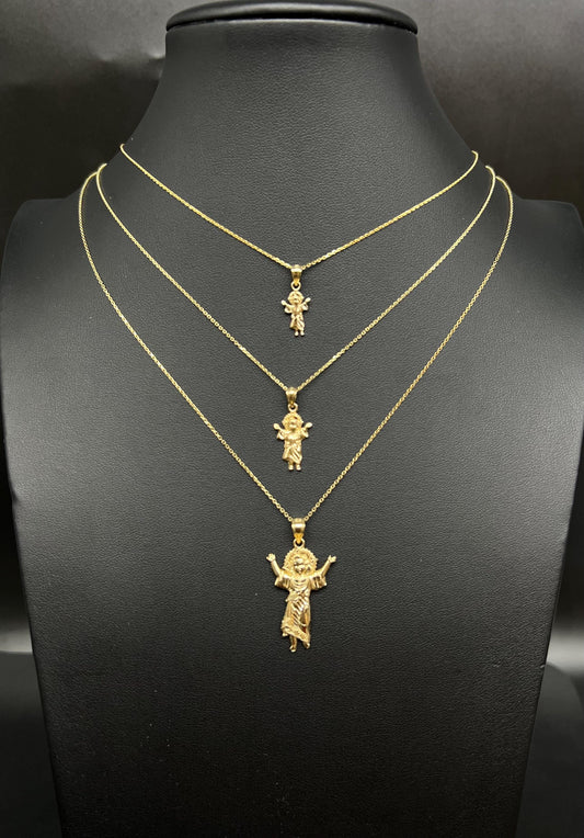 14k Real Solid Gold Divino Nino Pendants Necklace, 14K Real Gold Baby Jesus Religious Charm, 14K 1 mm Real Gold Cable Chain Necklace