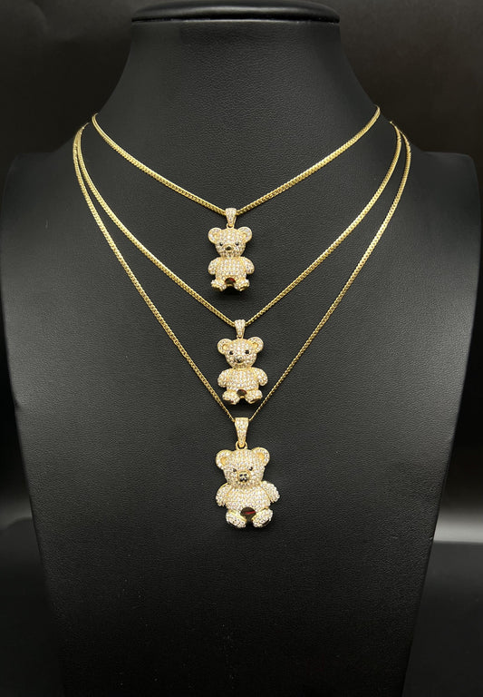 10K Gold Teddy Bear Necklace, SOLID Miami Cuban Chain Necklace, Real Gold Bear Pendant, Cuban Link Necklace for Men Women