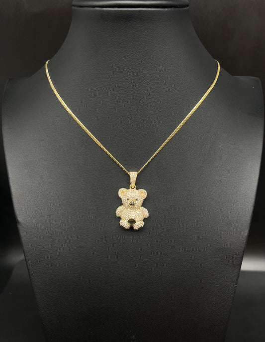 10K Gold Teddy Bear Necklace, SOLID Miami Cuban Chain Necklace, Real Gold Bear Pendant, Cuban Link Necklace for Men Women