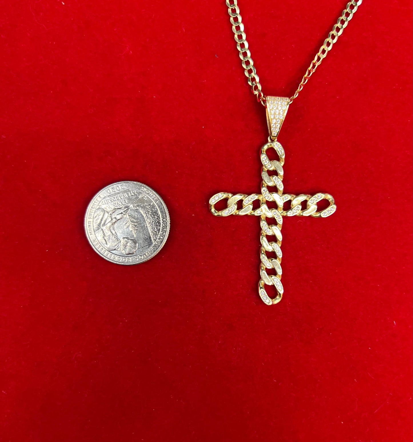 14k Real Gold Cross Charm Necklace, with 3mm SOLID Cuban Curb Chain, 14k Gold Charms, 14k Solid Gold Cross Pendant