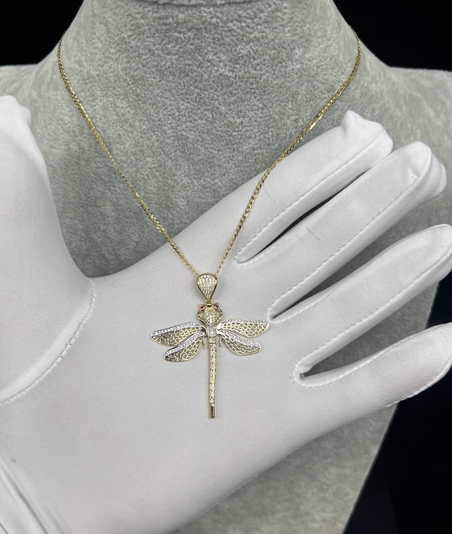 14k Real Gold Dragonfly Pendants Necklace, with 2mm SOLID Cuban Curb Chain , Dragonfly Charm, Firefly charm, Gift, 14k Gold Charm