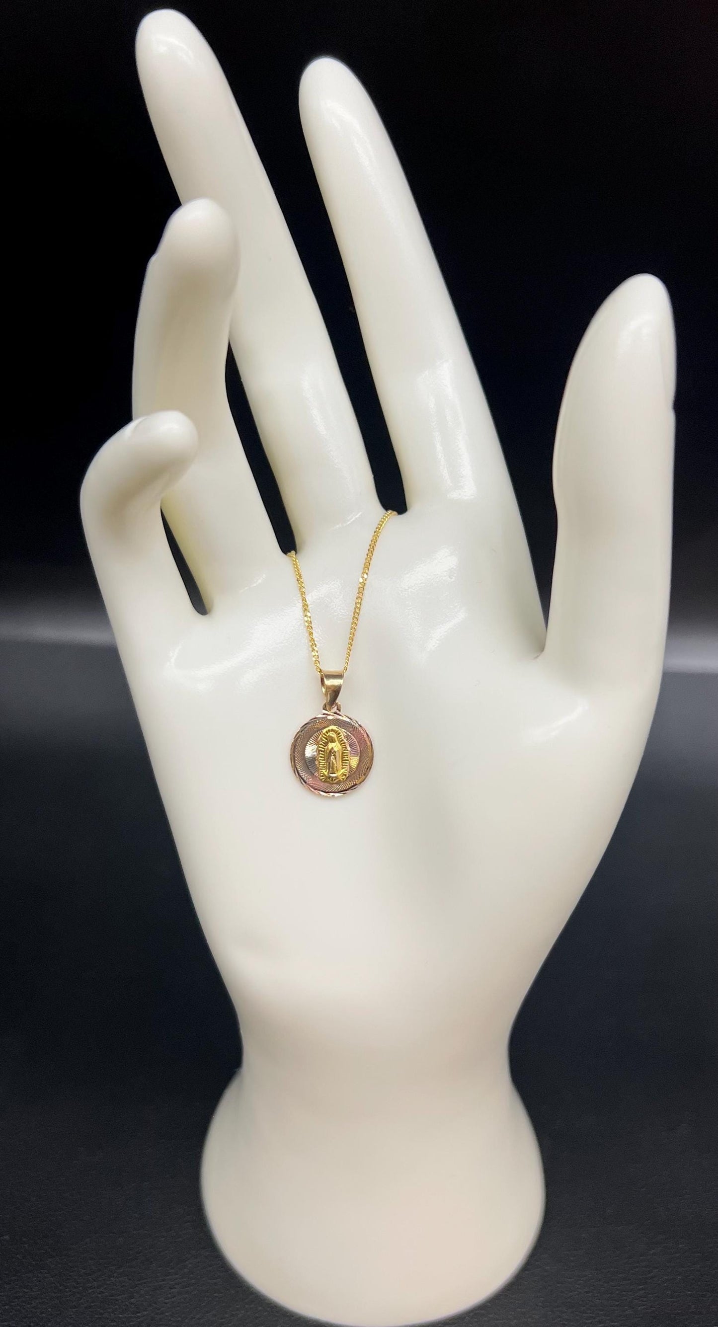 14k Real Gold Guadalupe Pendant Necklace, 14K Real Gold Jesus Charm, 14k Double faces Pendant, 14K 1.1 mm Real Gold Solid Miami Cuban Chain