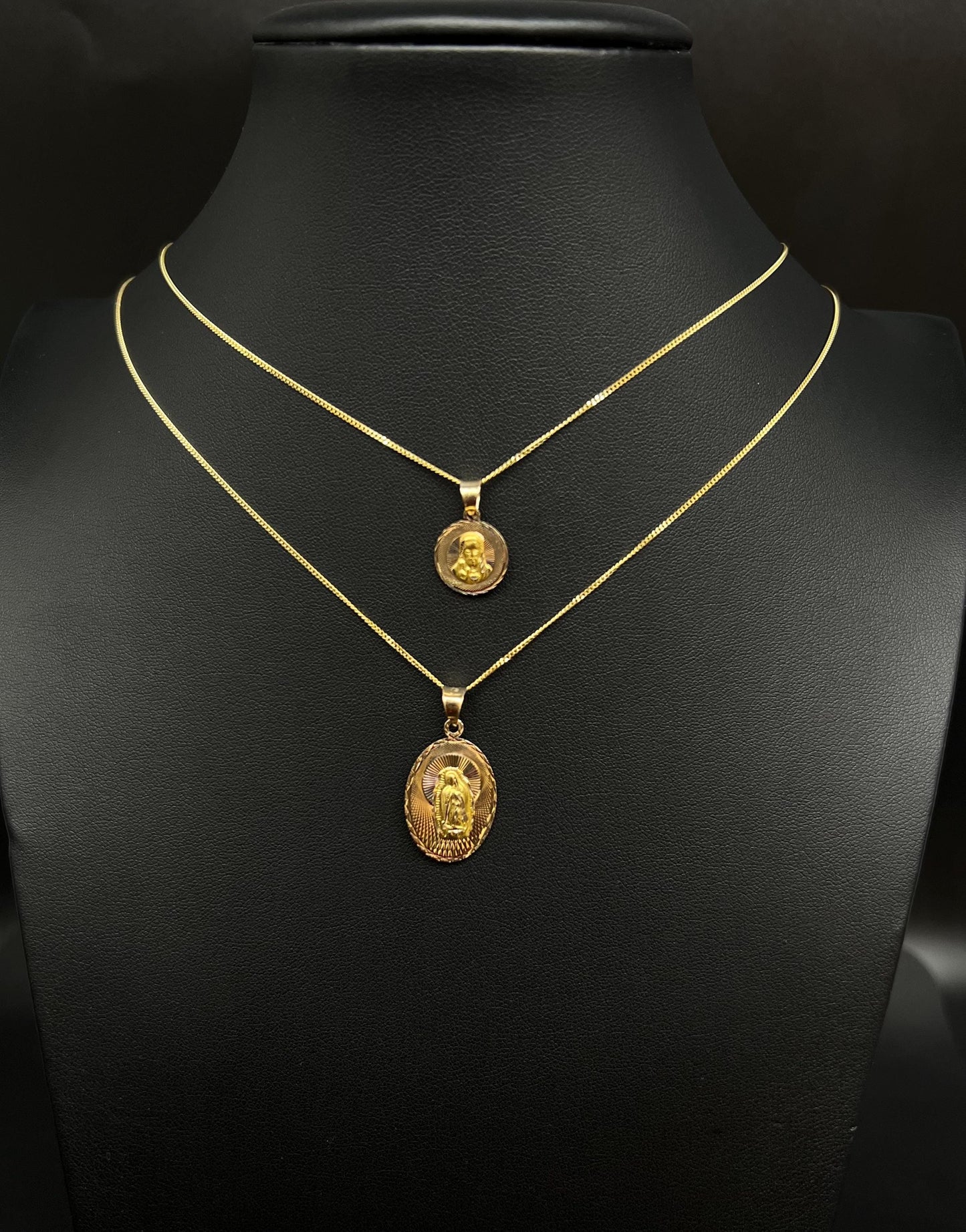 14k Real Gold Guadalupe Pendant Necklace, 14K Real Gold Jesus Charm, 14k Double faces Pendant, 14K 1.1 mm Real Gold Solid Miami Cuban Chain