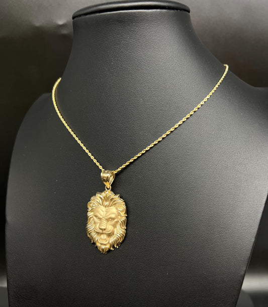 14k Real Solid Gold textured Lion Head Pendants Necklace, with 14k 1.6mm Solid Rope Chain Necklace ,14k Lion Head Pendant, Gift