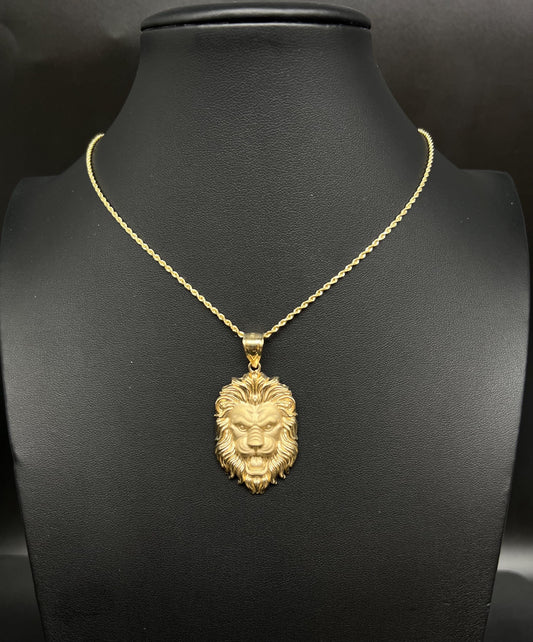 14k Real Solid Gold textured Lion Head Pendants Necklace, with 14k 1.6mm Solid Rope Chain Necklace ,14k Lion Head Pendant, Gift