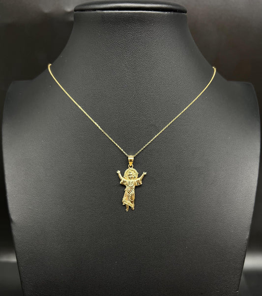 14k Real Solid Gold Divino Nino Pendants Necklace, 14K Real Gold Baby Jesus Religious Charm, 14K 1 mm Real Gold Cable Chain Necklace