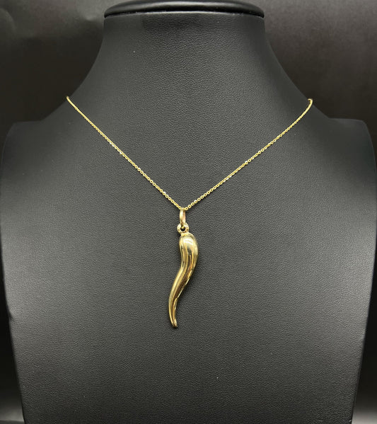 10k Real Gold Cornicello Italian Horn Pendant Protection Necklace with 1.3 mm Cable Chain Necklace,Unisex Charm, Pendant, Gift