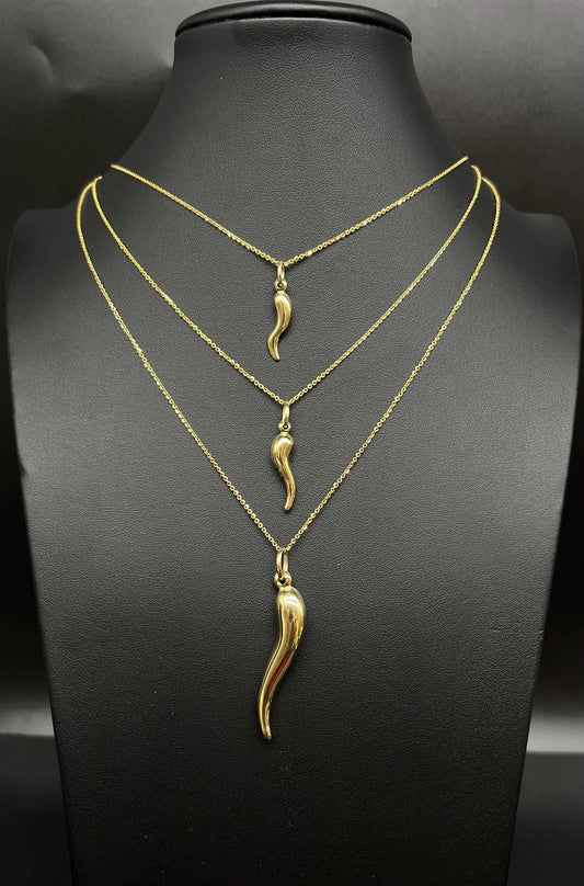 10k Real Gold Cornicello Italian Horn Pendant Protection Necklace with 1.3 mm Cable Chain Necklace,Unisex Charm, Pendant, Gift