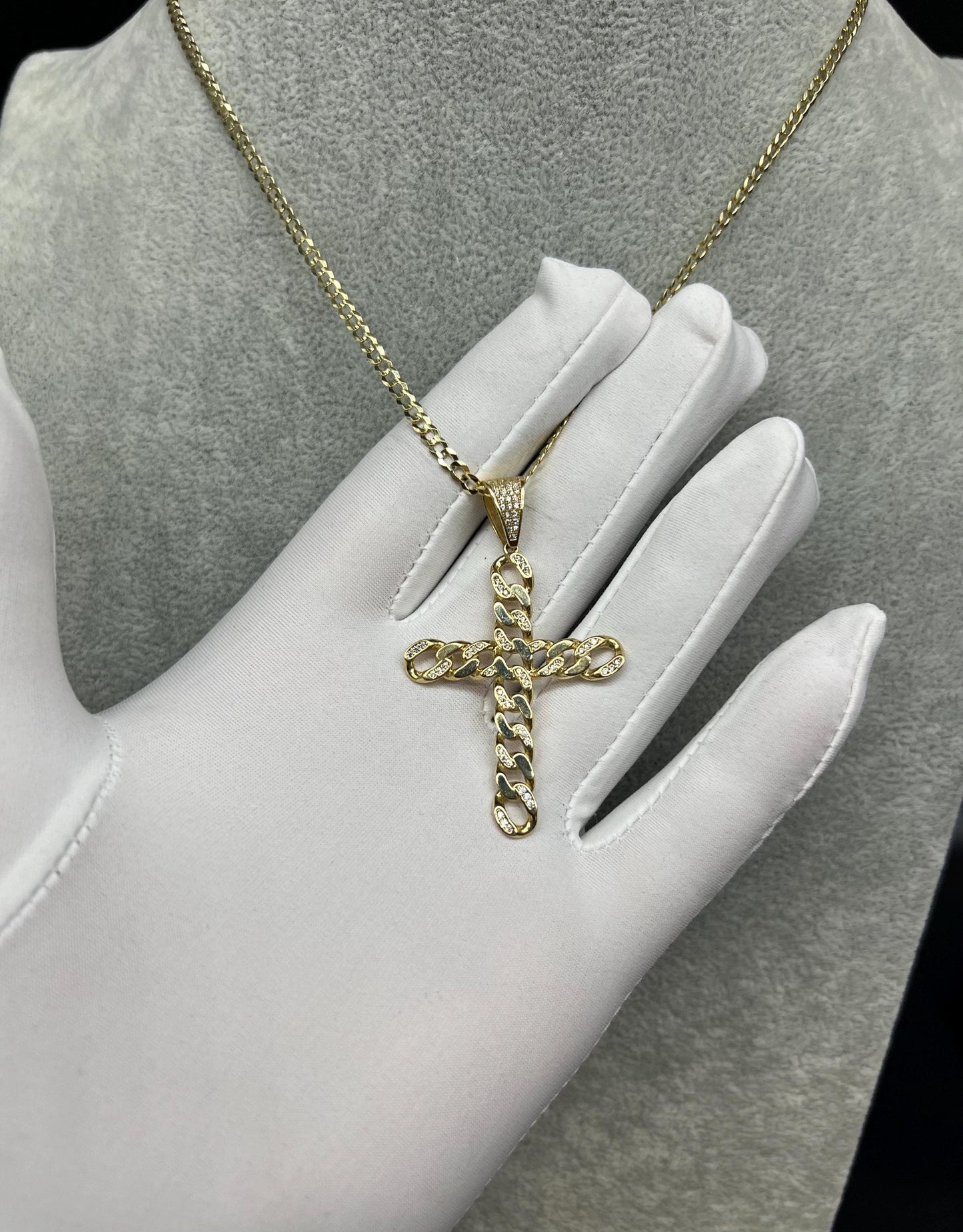 14k Real Gold Cross Charm Necklace, with 3mm SOLID Cuban Curb Chain, 14k Gold Charms, 14k Solid Gold Cross Pendant