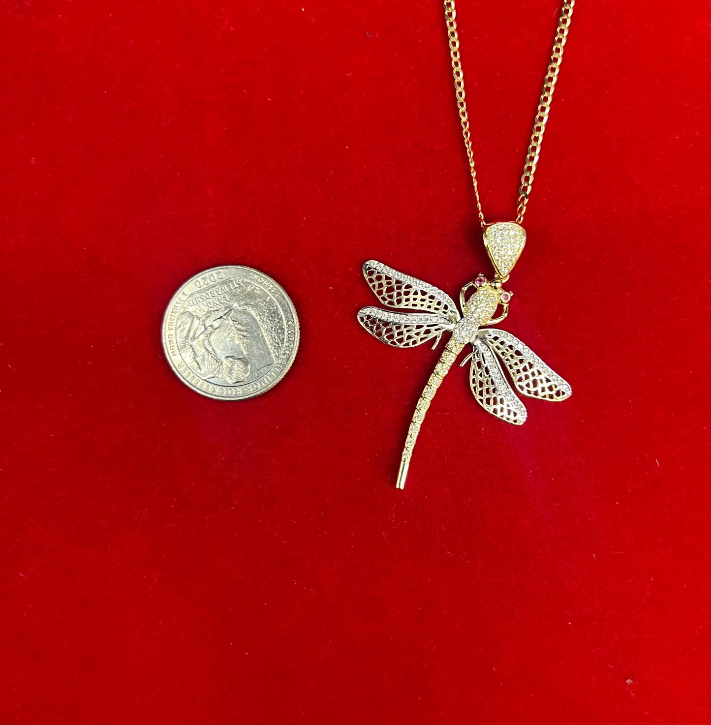 14k Real Gold Dragonfly Pendants Necklace, with 2mm SOLID Cuban Curb Chain , Dragonfly Charm, Firefly charm, Gift, 14k Gold Charm