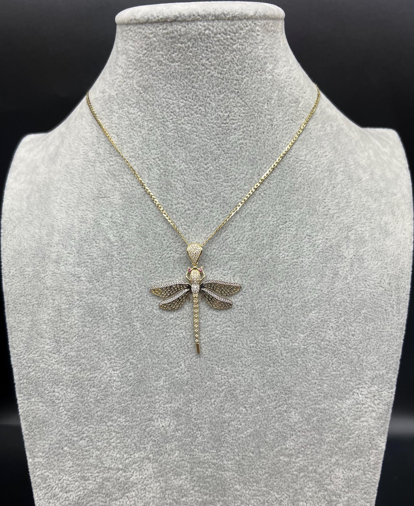 14k Real Gold Dragonfly Pendants Necklace, with 2mm SOLID Cuban Curb Chain , Dragonfly Charm, Firefly charm, Gift, 14k Gold Charm