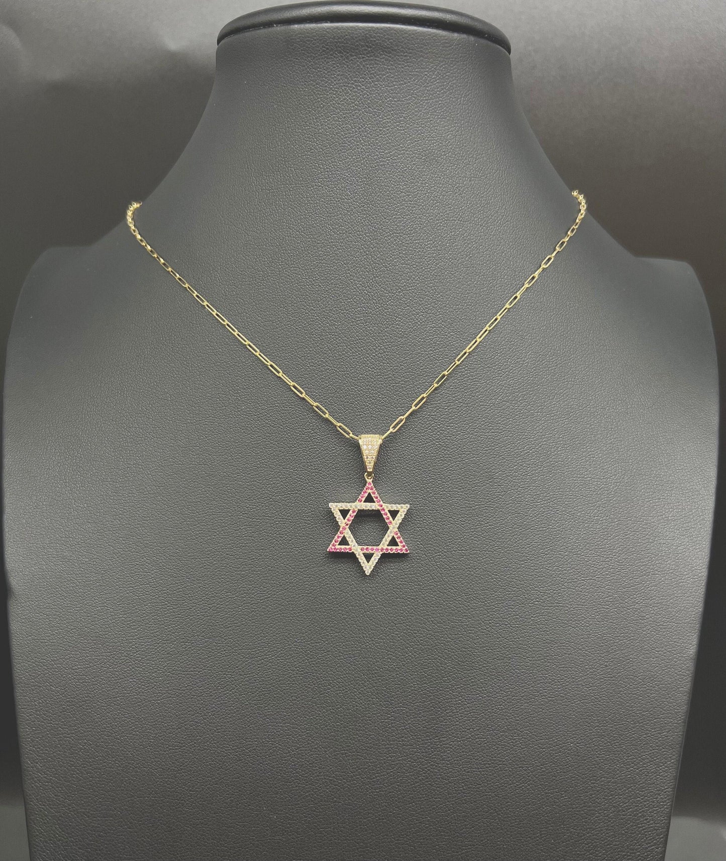 14k Real Gold Star of David Necklace, with 14k Solid Gold 1.5mm Paperclips Chain Necklace , Jewish Star Charm, 14k Solid Gold Star Charm