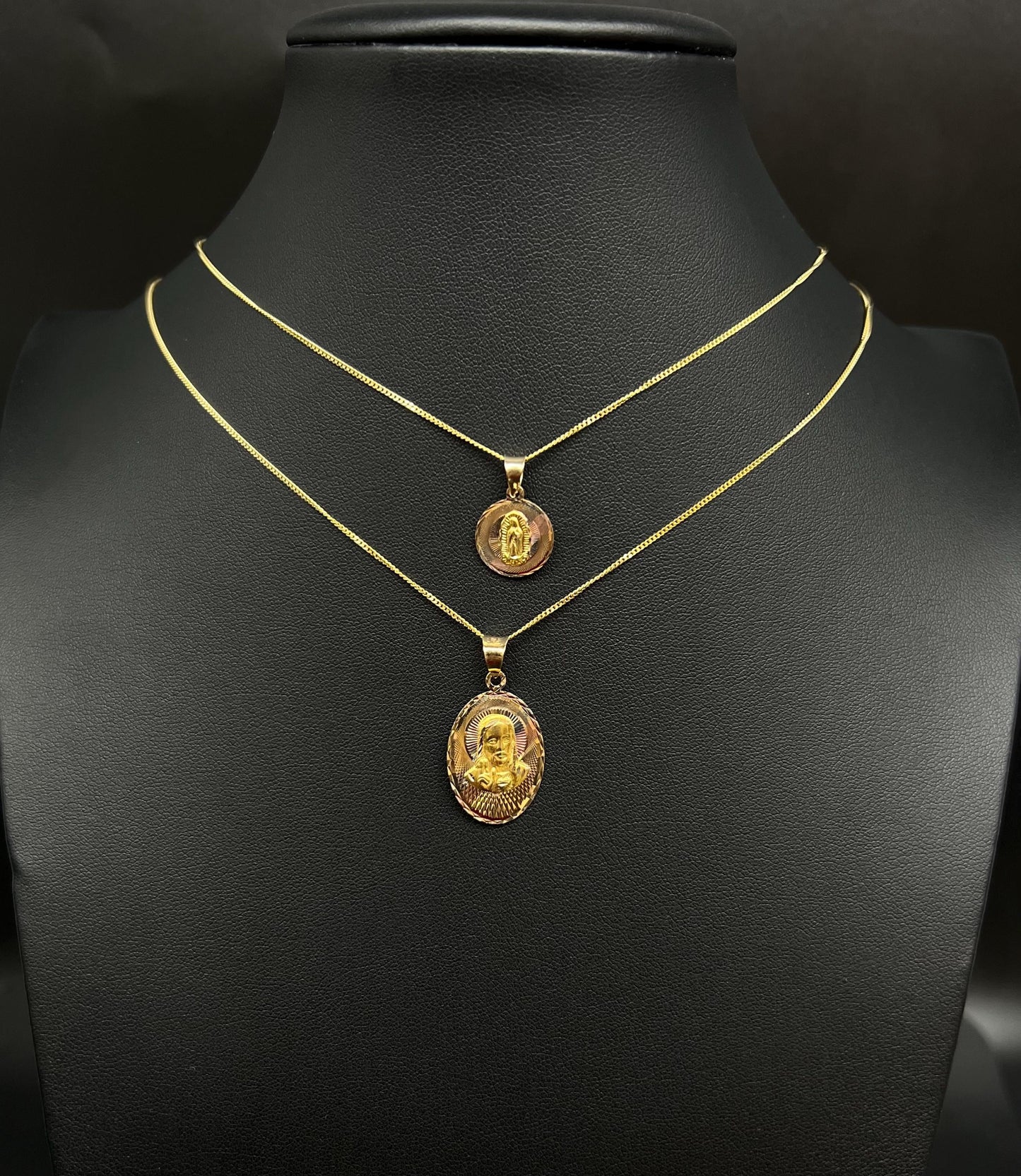 14k Real Gold Guadalupe Pendant Necklace, 14K Real Gold Jesus Charm, 14k Double faces Pendant, 14K 1.1 mm Real Gold Solid Miami Cuban Chain