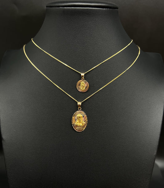 14k Real Gold Guadalupe Pendant Necklace, 14K Real Gold Jesus Charm, 14k Double faces Pendant, 14K 1.1 mm Real Gold Solid Miami Cuban Chain