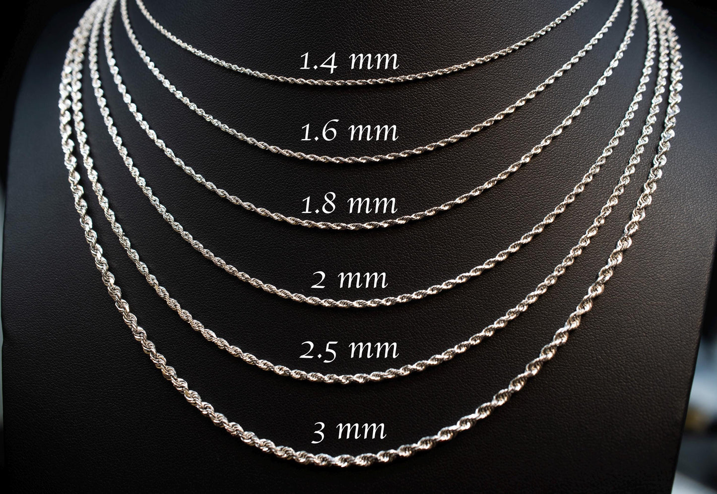 14K SOLID WHITE Gold Rope Chain, Gold Rope Chain Necklace 1.4mm-3mm 16-30 inches, Heavy Fully Solid 14K Solid White Gold Rope Chain