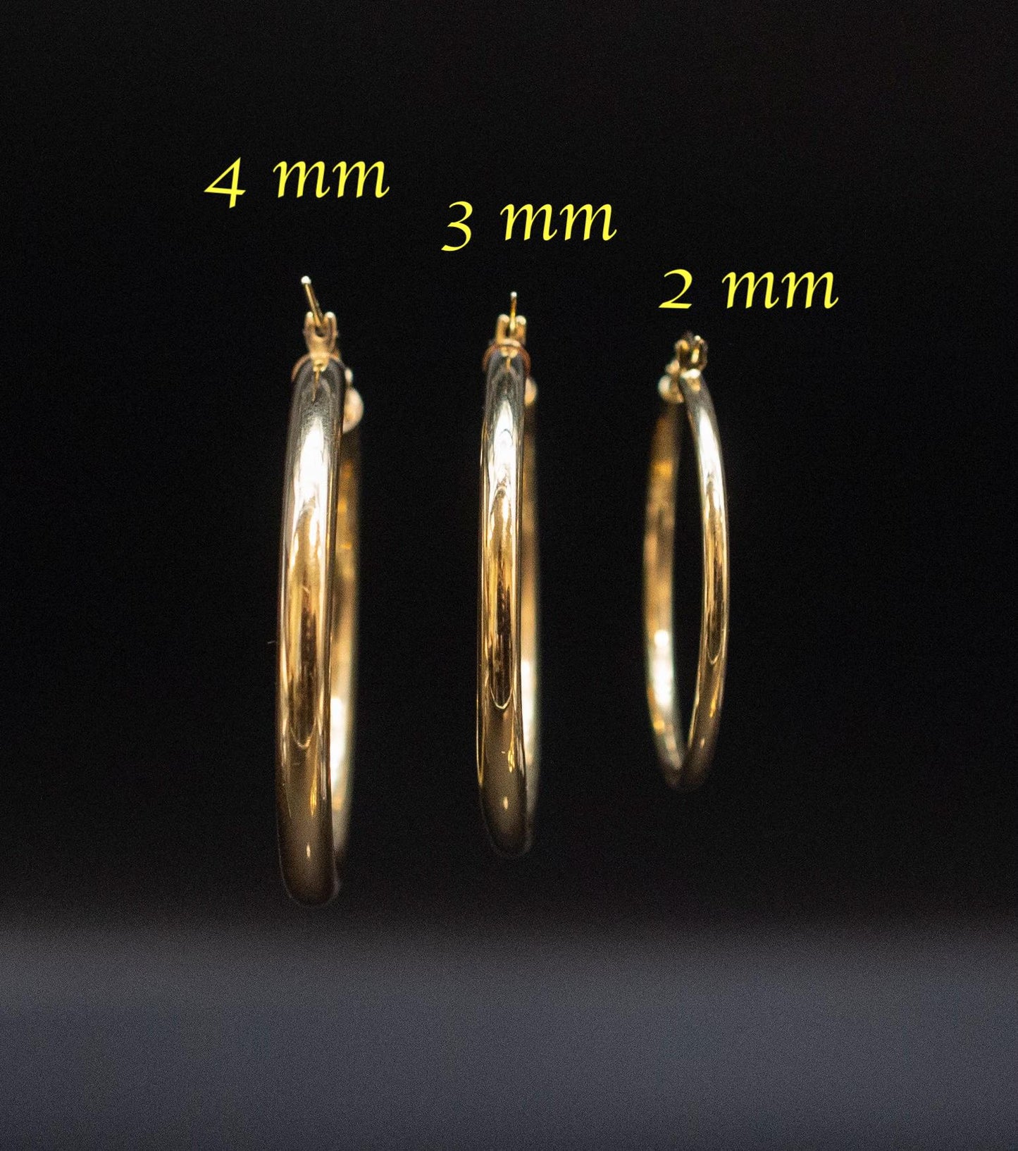 14k Real Solid Gold Hoop Earrings 2mm, 3mm, 4mm  Thickness, 15mm-70mm Gold Hoop Earrings, 14k Real Yellow Gold Hoop Earring