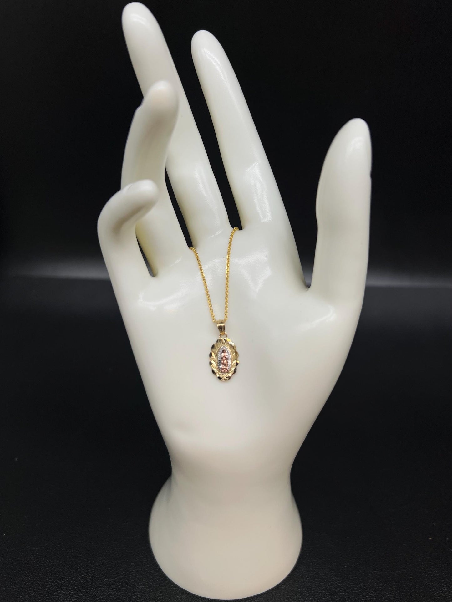 10k Real Solid Gold Tricolor Guadalupe Pendant Necklace, 1.2mm Cable Chain, Unisex Virgin Mary Charm, Religious Gold Gift Jewelry