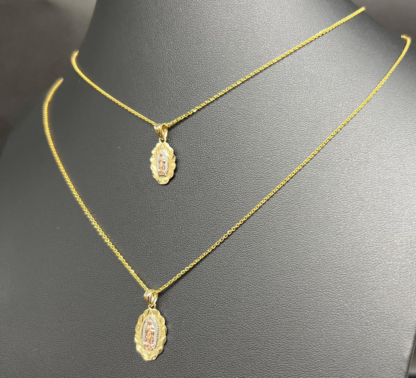 10k Real Solid Gold Tricolor Guadalupe Pendant Necklace, 1.2mm Cable Chain, Unisex Virgin Mary Charm, Religious Gold Gift Jewelry