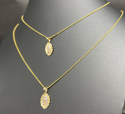 10k Real Solid Gold Tricolor Guadalupe Pendant Necklace, 1.2mm Cable Chain, Unisex Virgin Mary Charm, Religious Gold Gift Jewelry