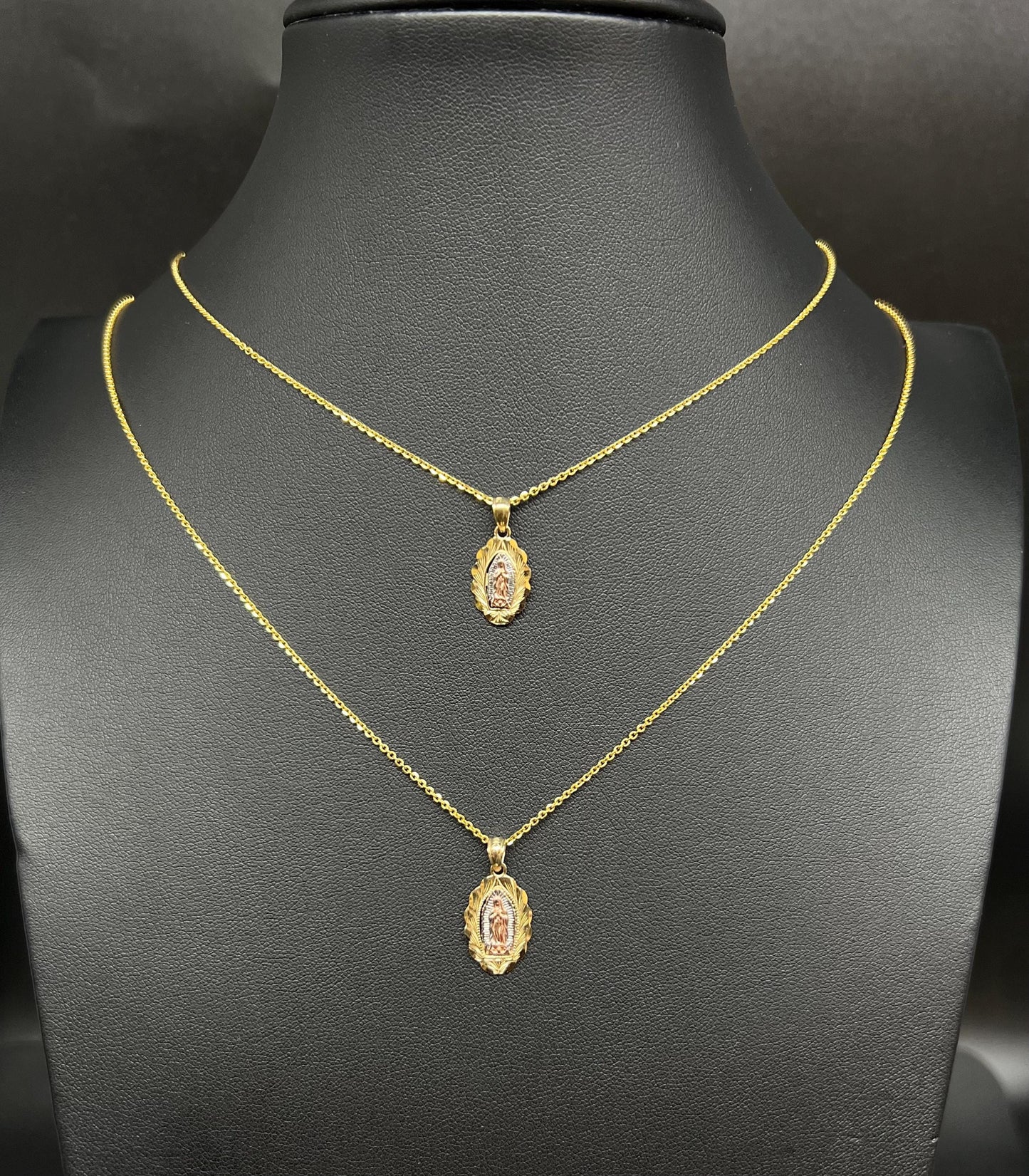 10k Real Solid Gold Tricolor Guadalupe Pendant Necklace, 1.2mm Cable Chain, Unisex Virgin Mary Charm, Religious Gold Gift Jewelry