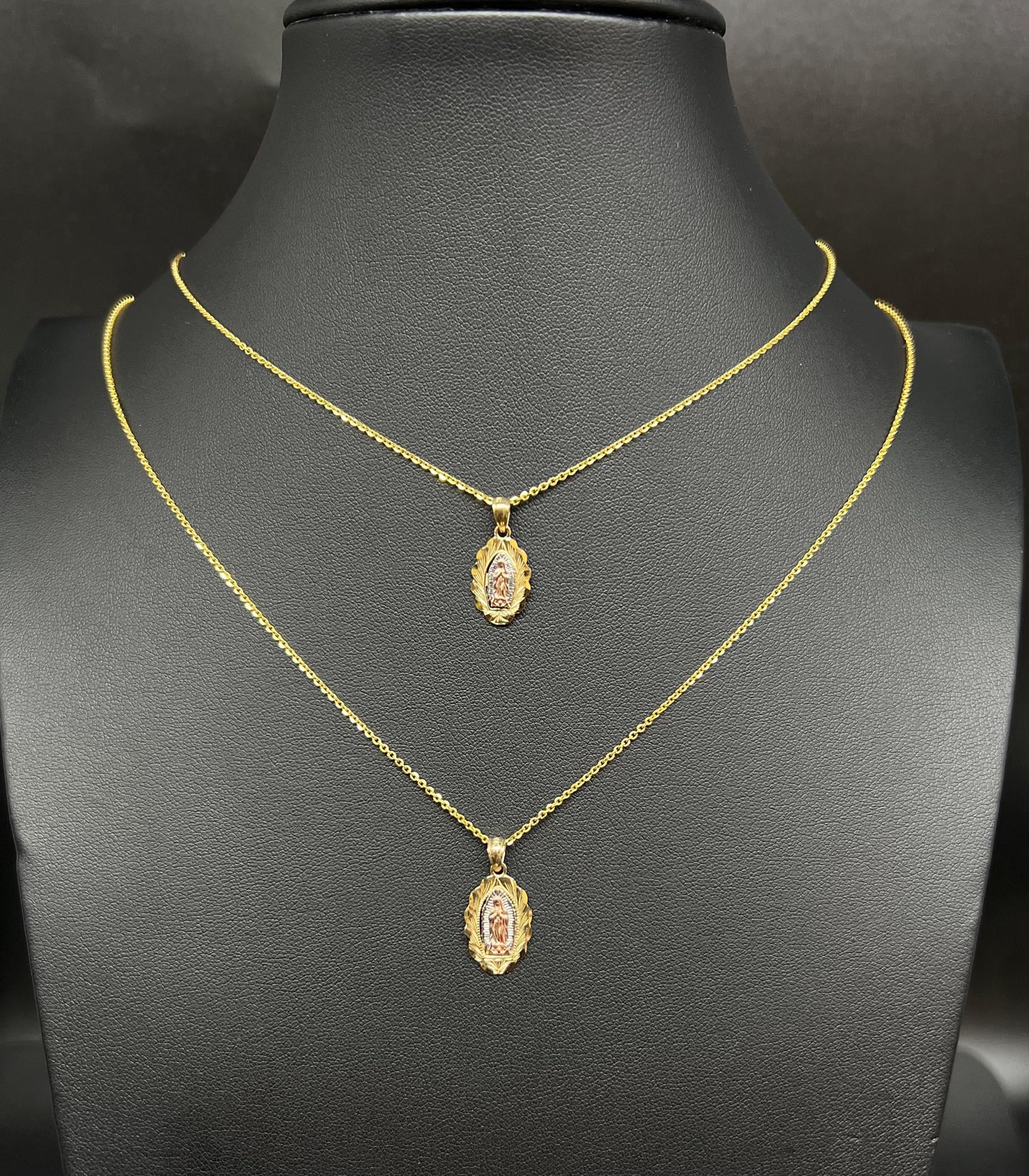 10k Real Solid Gold Tricolor Guadalupe Pendant Necklace, 1.2mm Cable Chain, Unisex Virgin Mary Charm, Religious Gold Gift Jewelry