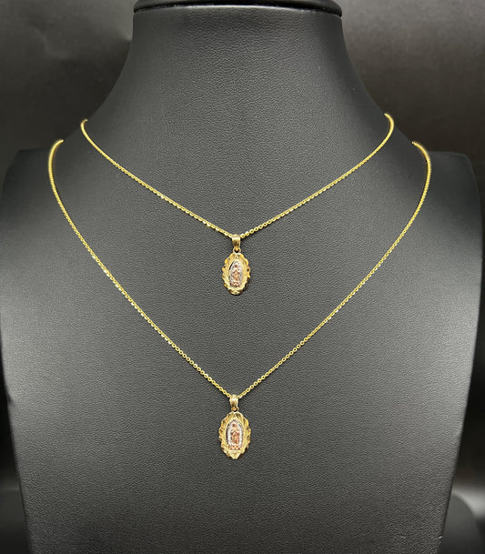 10k Real Solid Gold Tricolor Guadalupe Pendant Necklace, 1.2mm Cable Chain, Unisex Virgin Mary Charm, Religious Gold Gift Jewelry