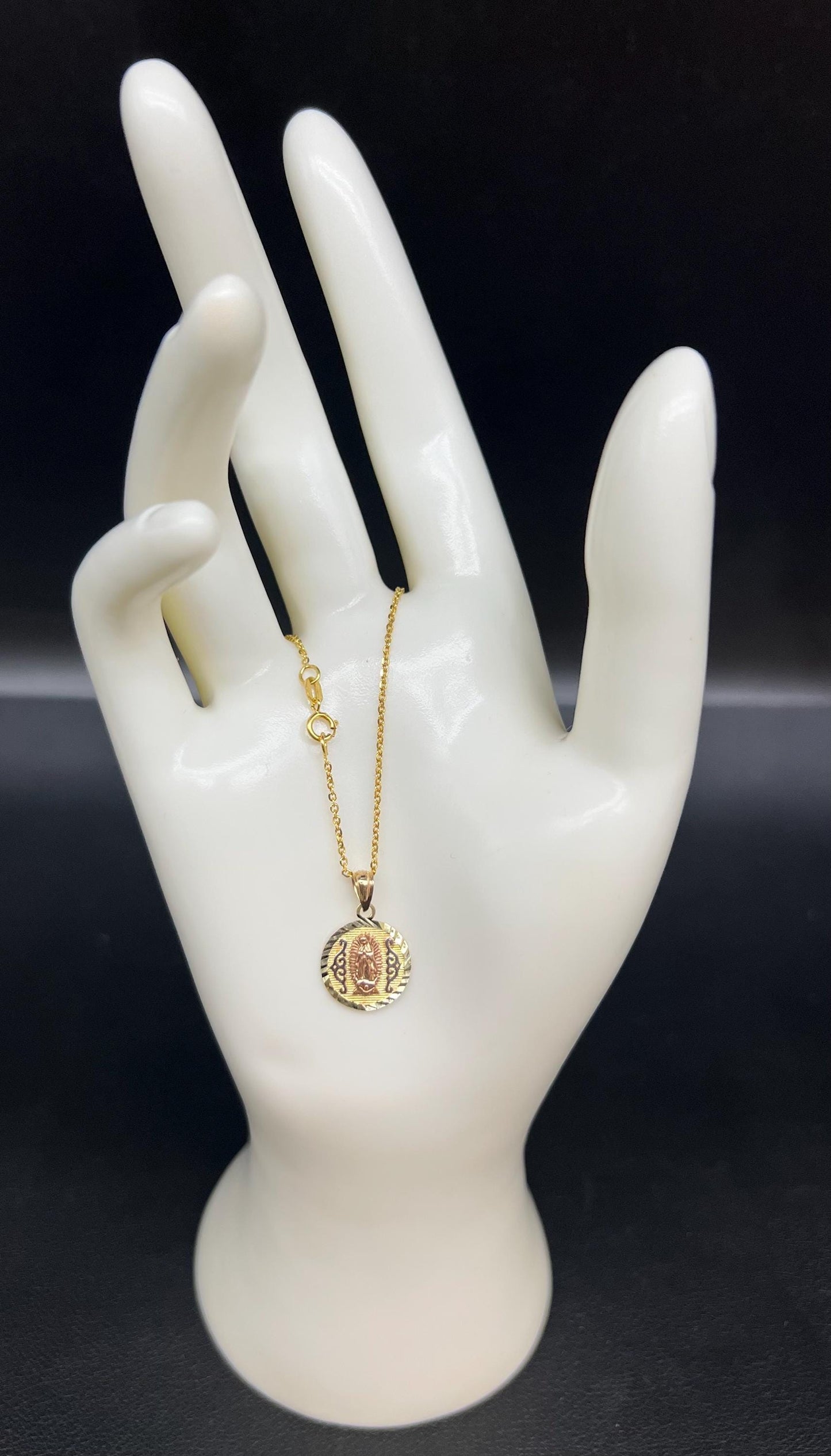 10k Real Solid Gold Tricolor Guadalupe Pendant Necklace, 1.2mm Cable Chain, Unisex Virgin Mary Charm, Religious Gold Gift Jewelry, Circle