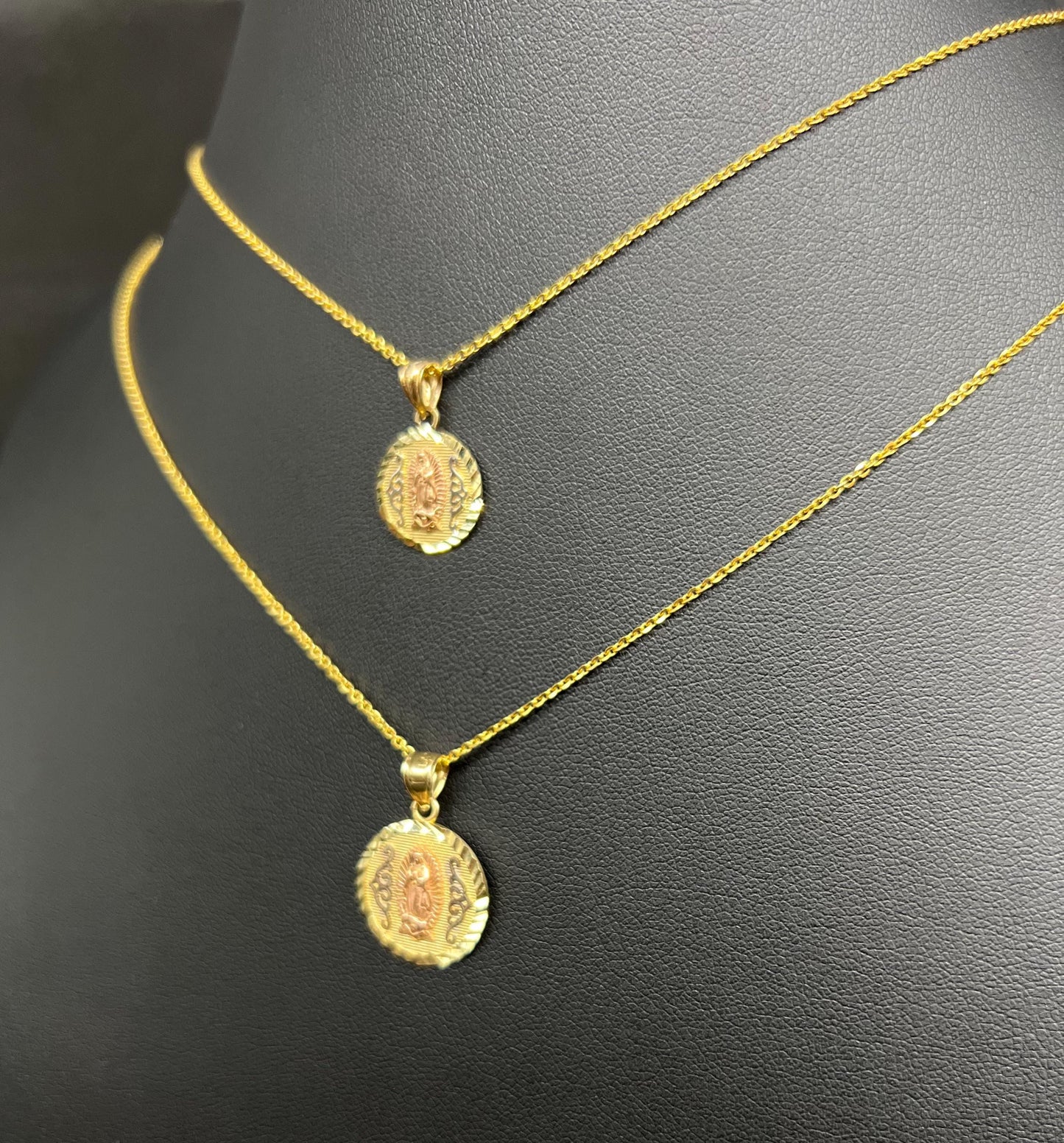 10k Real Solid Gold Tricolor Guadalupe Pendant Necklace, 1.2mm Cable Chain, Unisex Virgin Mary Charm, Religious Gold Gift Jewelry, Circle