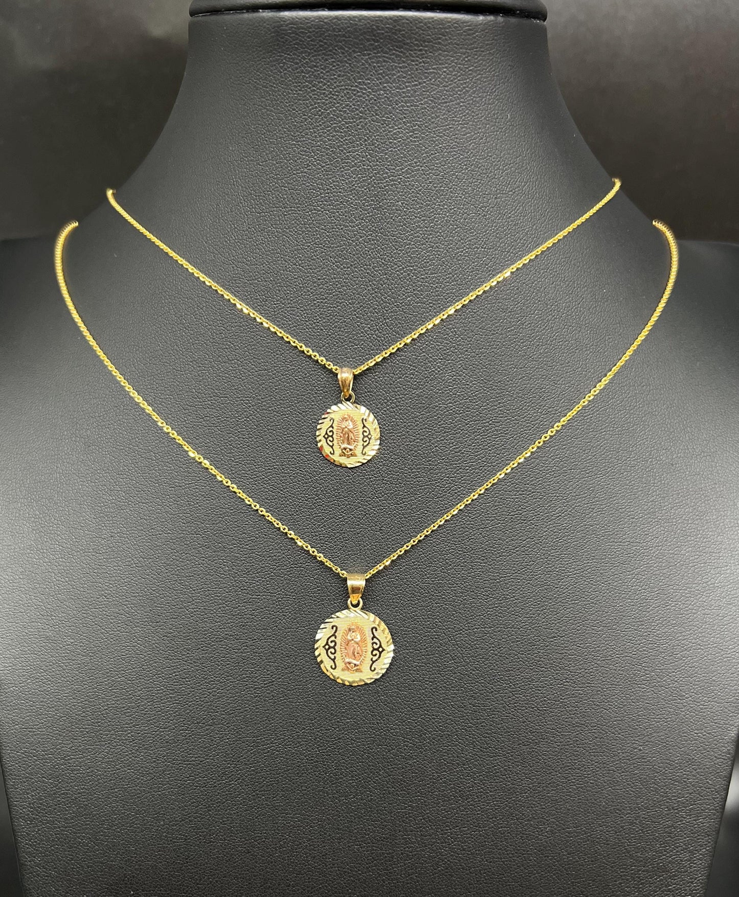 10k Real Solid Gold Tricolor Guadalupe Pendant Necklace, 1.2mm Cable Chain, Unisex Virgin Mary Charm, Religious Gold Gift Jewelry, Circle