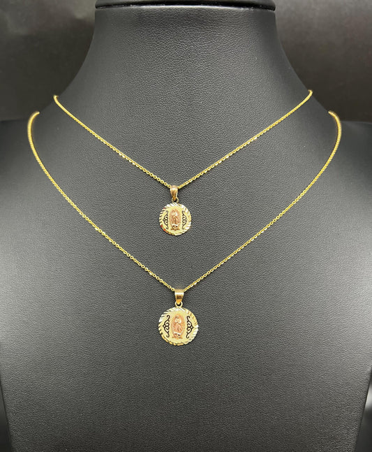 10k Real Solid Gold Tricolor Guadalupe Pendant Necklace, 1.2mm Cable Chain, Unisex Virgin Mary Charm, Religious Gold Gift Jewelry, Circle