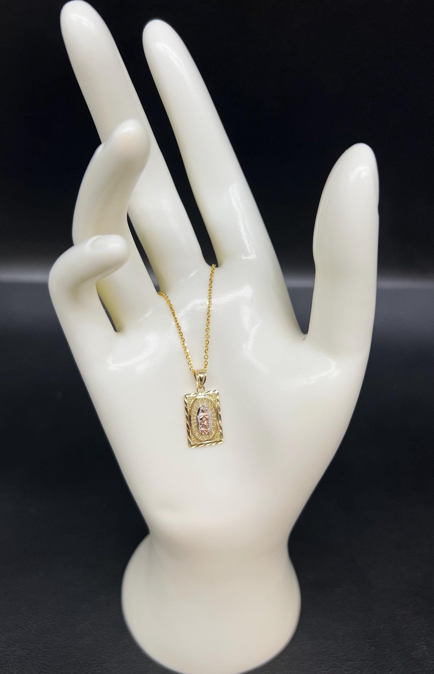 10k Real Solid Gold Tricolor Guadalupe Pendant Necklace, 1.2mm Cable Chain, Unisex Virgin Mary Charm, Religious Gold Gift Jewelry, Square
