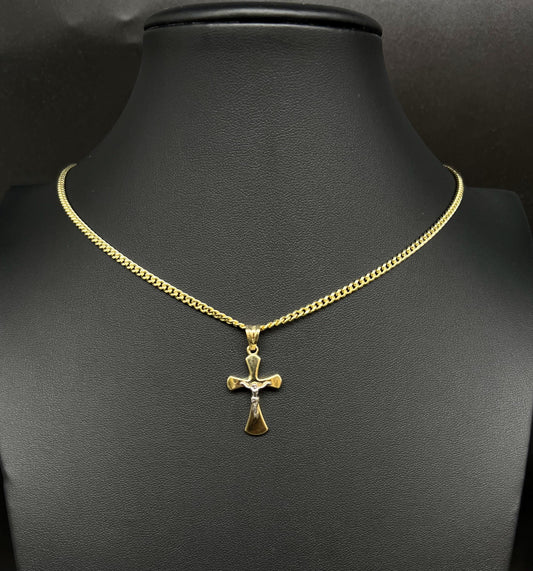 14k Real Solid Gold Jesus Crucifix Pendants Necklace, with 3mm Miami Cuban Chain Necklace , Cross Pendant , Gold  Cross Charm, Gift