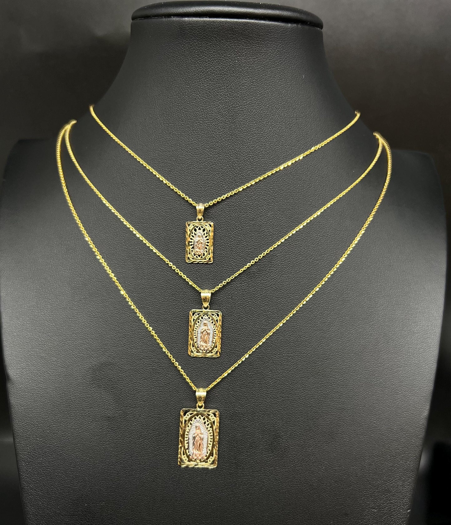 10k Real Solid Gold Tricolor Guadalupe Pendant Necklace, 1.2mm Cable Chain, Unisex Virgin Mary Charm, Religious Gold Gift Jewelry, Square