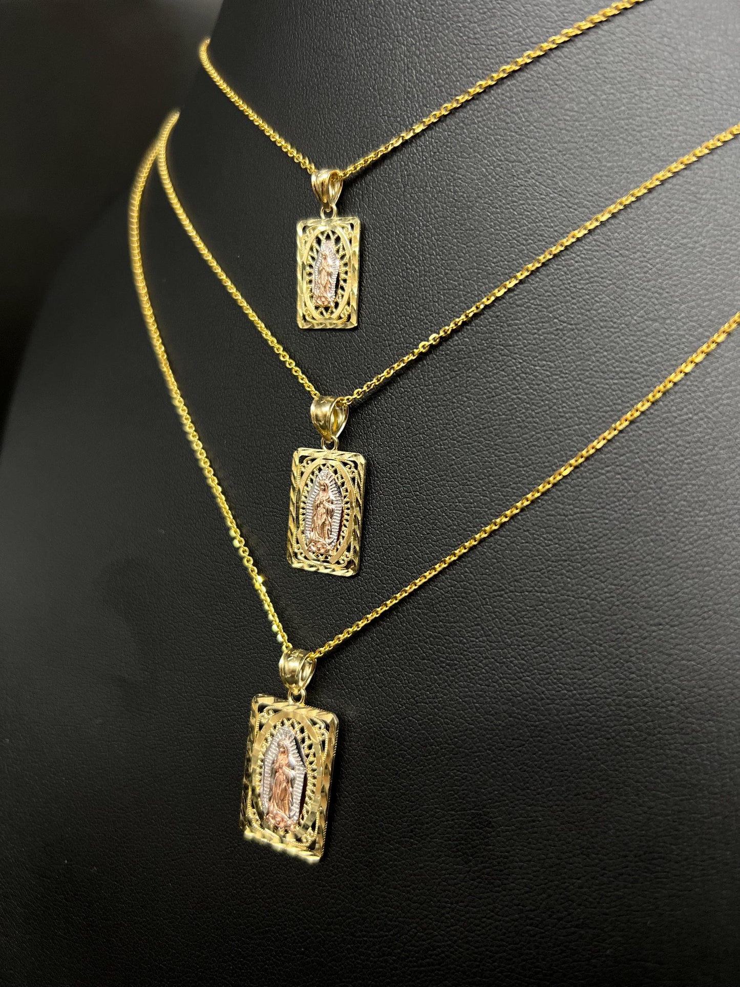 10k Real Solid Gold Tricolor Guadalupe Pendant Necklace, 1.2mm Cable Chain, Unisex Virgin Mary Charm, Religious Gold Gift Jewelry, Square