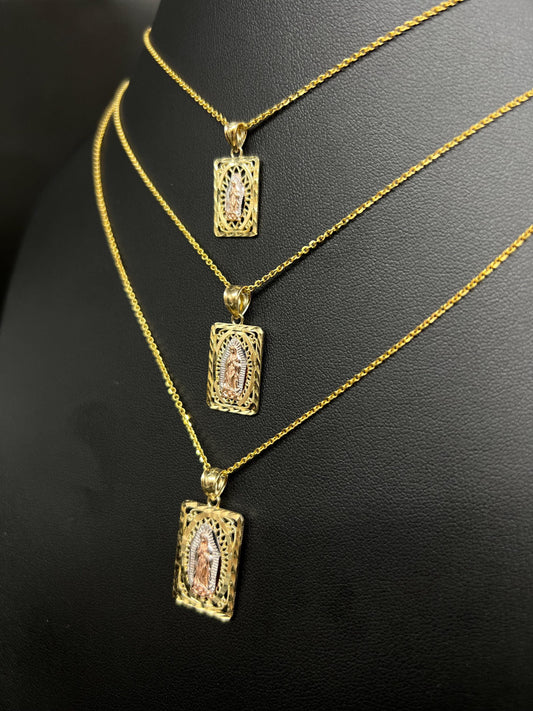 10k Real Solid Gold Tricolor Guadalupe Pendant Necklace, 1.2mm Cable Chain, Unisex Virgin Mary Charm, Religious Gold Gift Jewelry, Square