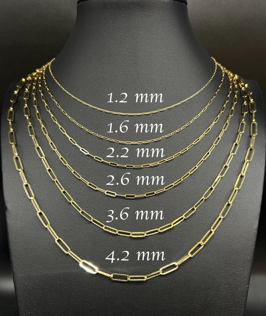 14k SOLID Gold Italian Style Paperclip Chain, 1.2mm - 4.2mm Necklace, Dainty 14k Gold Paperclip Necklace, 14k Solid Gold Paperclips Necklace