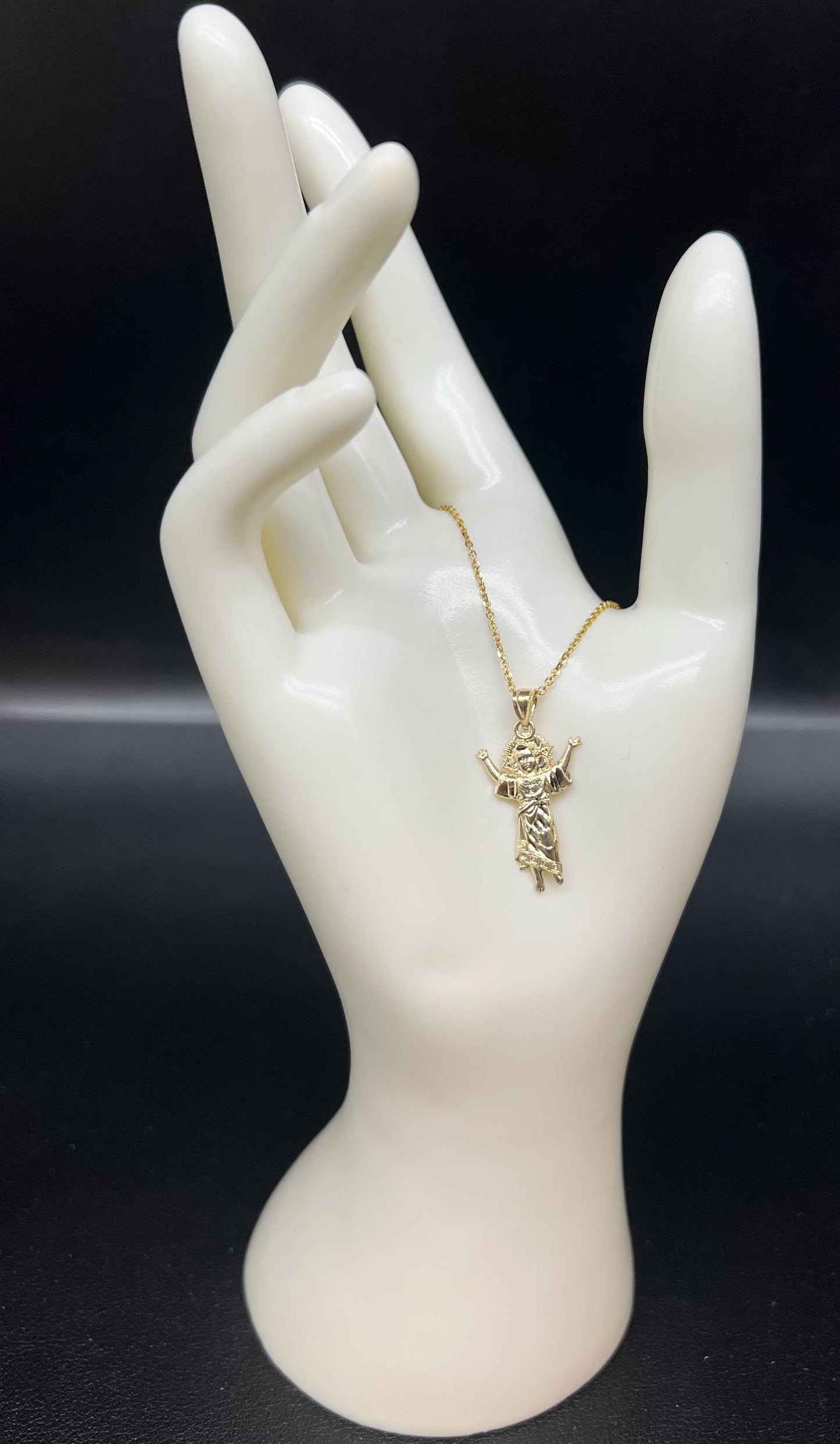 10k Real Solid Gold Divino Nino Pendant Necklace, 1.2mm Cable Chain, Unisex Baby Jesus Charm, Religious Gold Gift Jewelry,