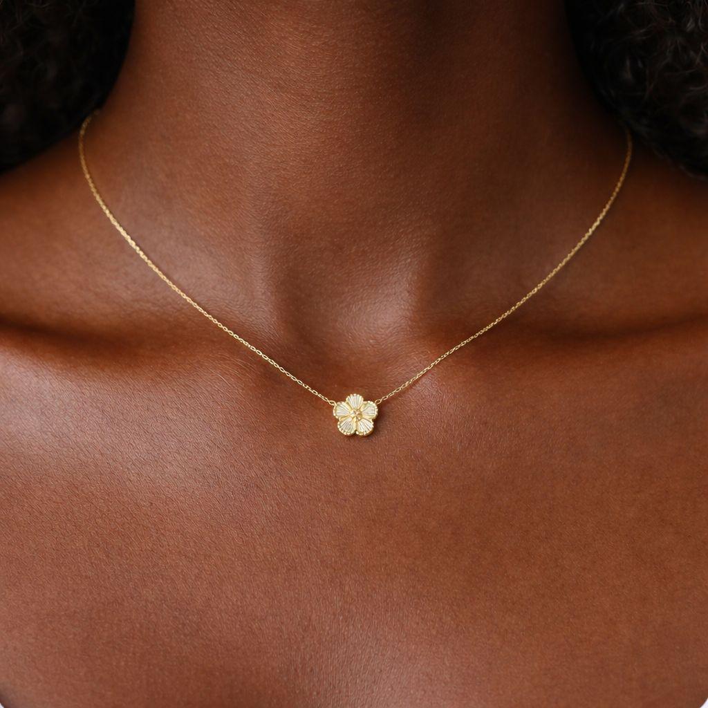 14K Solid Gold Flower Necklace, Real Gold Flower Pendant Necklace, Dainty Gold Necklace for Women, Minimalist Floral Jewelry