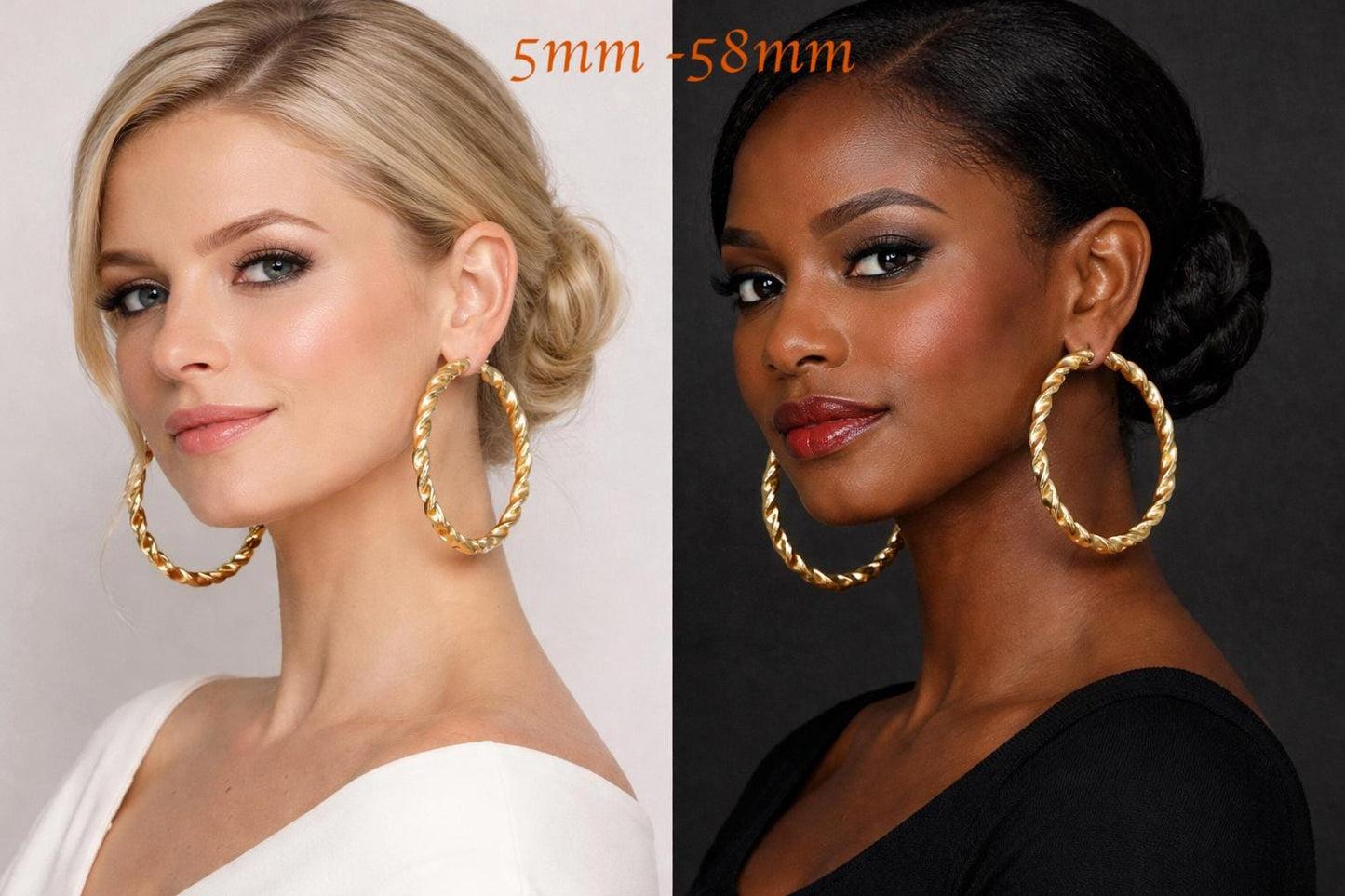 10k Real Yellow Gold Twisted Hoop Earrings 3mm, 4mm, 5mm  Thickness, 25mm - 58mm Real Gold Twisted Hoop Earrings, 10k Twisted Hoop Earring