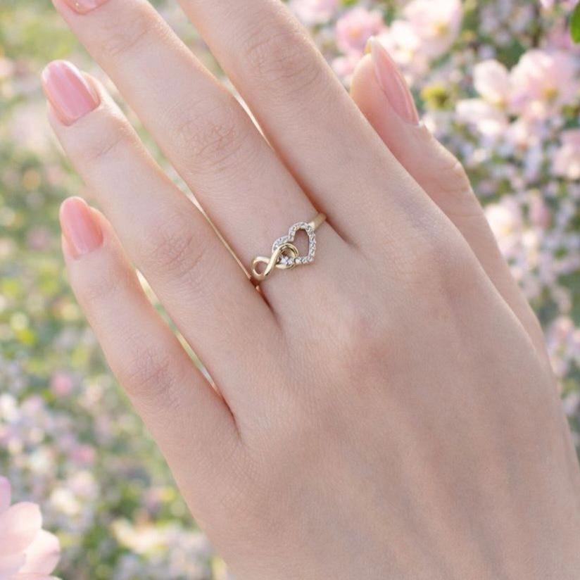10k Real Solid Yellow Gold Infinity Heart Ring, 10k Solid Gold Women Heart Ring, Infinity Symbol Gemstone Gold Ring, Valentine's day