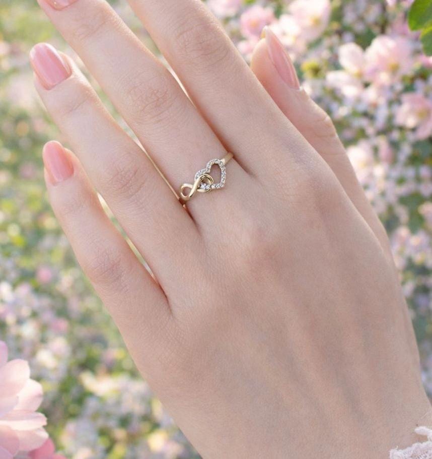 14k Real Solid Yellow Gold Infinity Heart Ring, 14k Solid Gold Women Heart Ring, Infinity Symbol Gemstone Gold Ring, Valentine's day